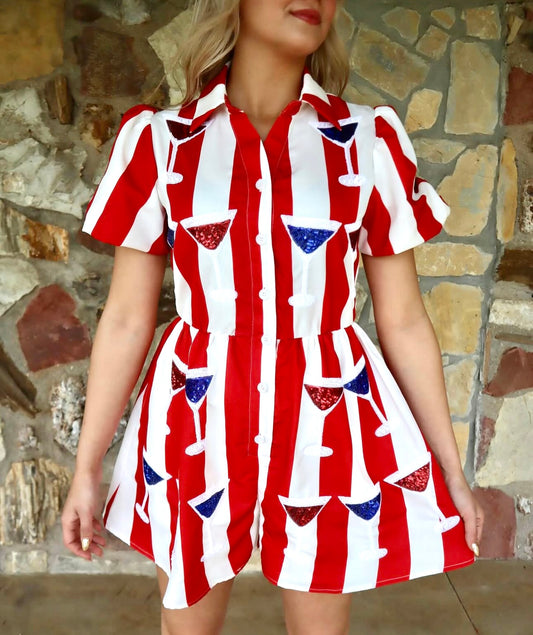 The Martina Red, White, & Blue Martini Sequin Romper
