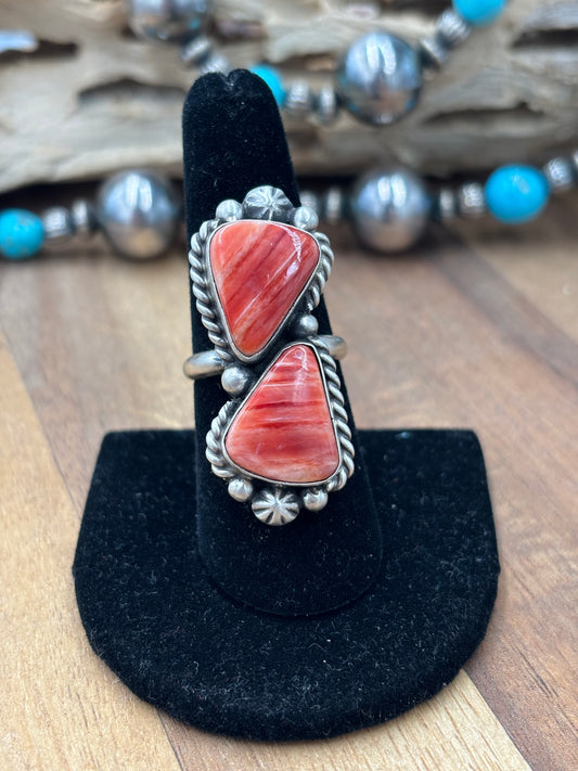 Red Spiny Adjustable Ring #726 by Eugene Belone, Navajo