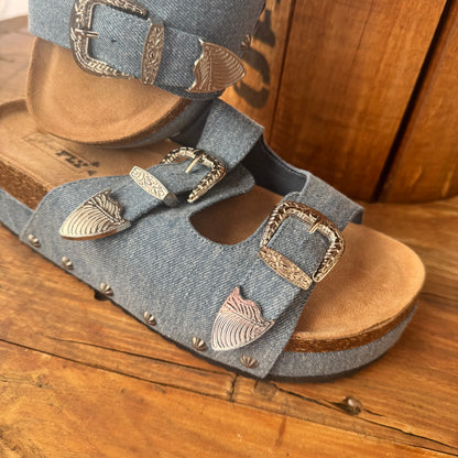 Platinum Buckles Denim Slides Sandals