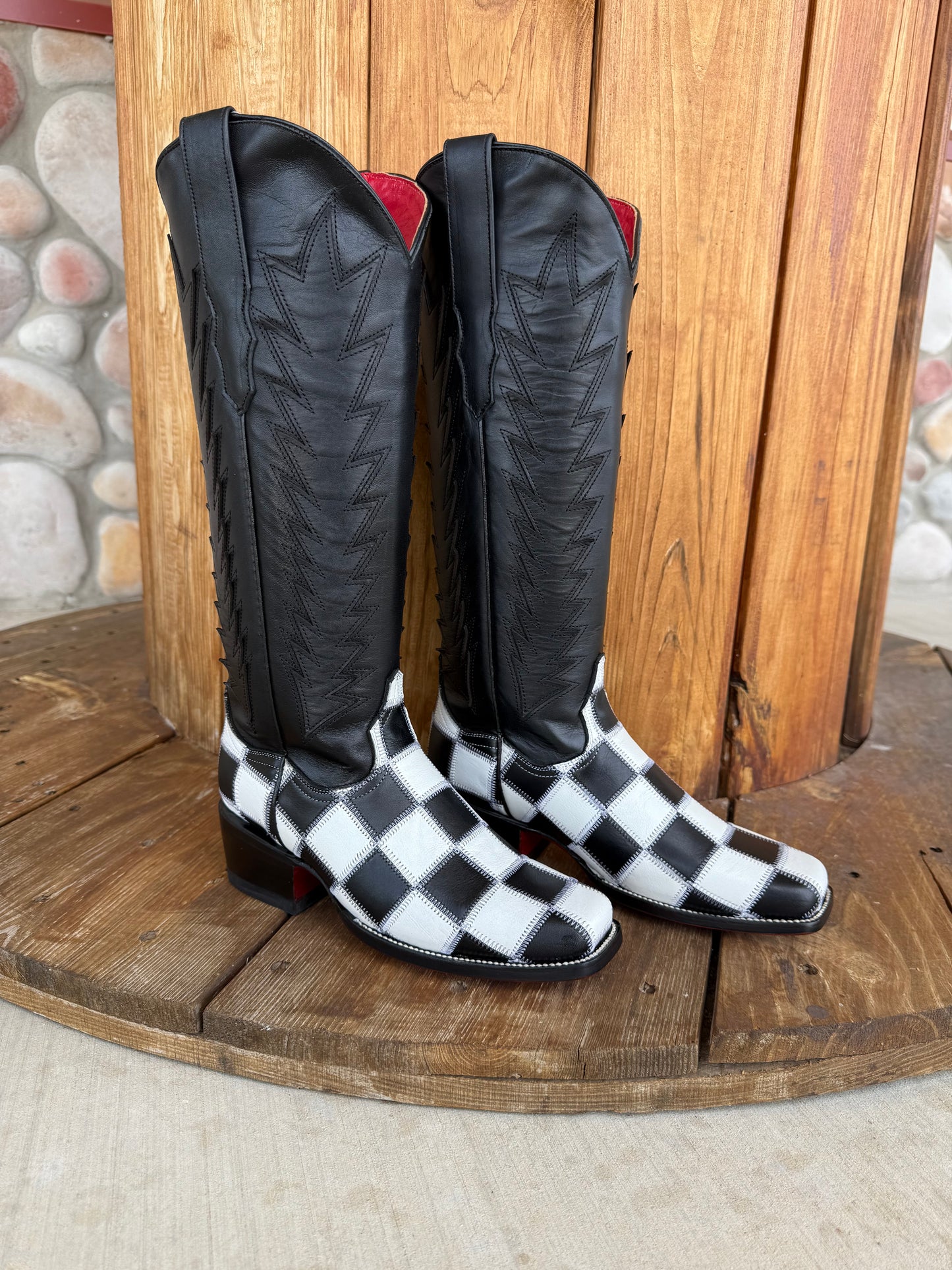 Signature Turquoise Reata Boot – Checkmate Red Bottom Square Toe