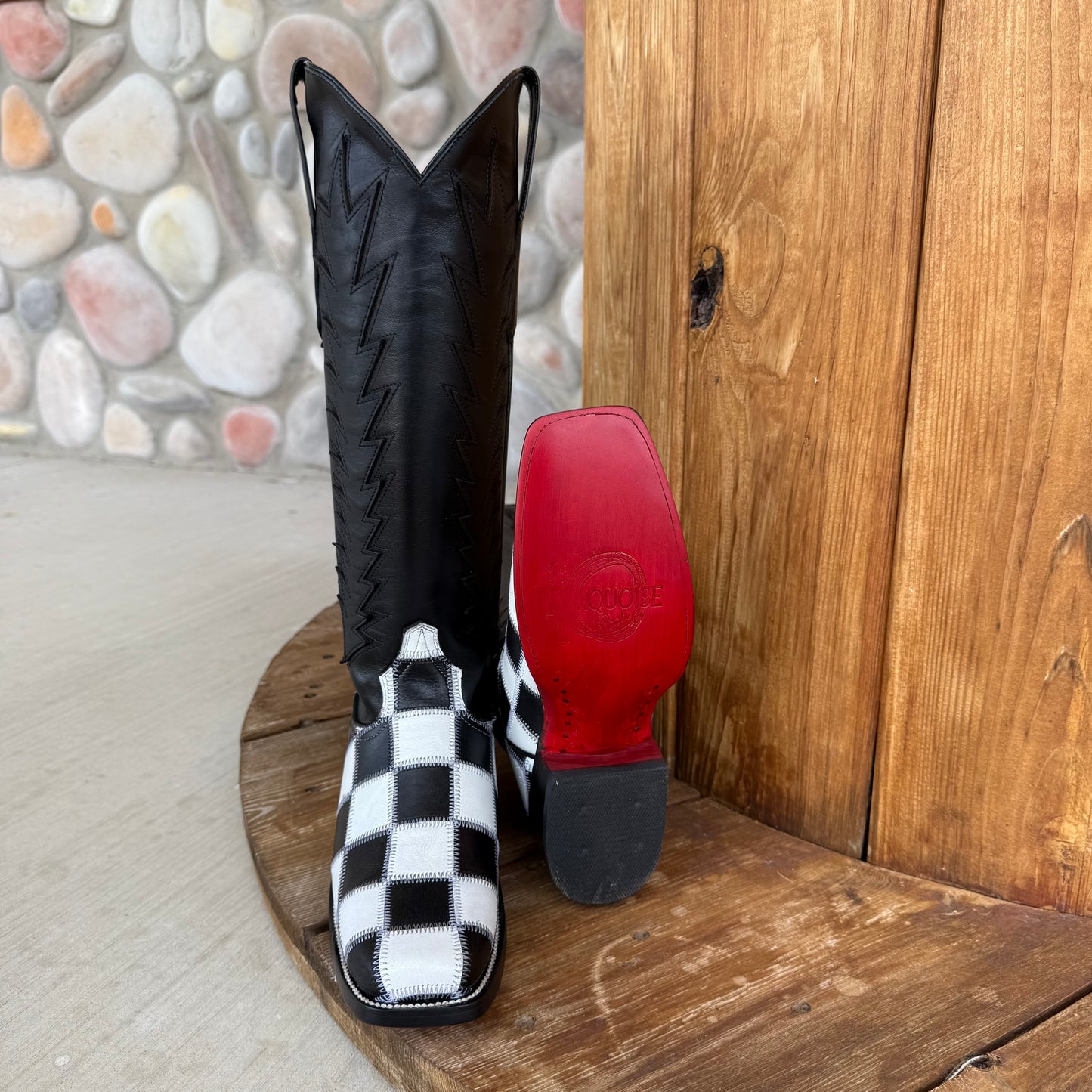 Signature Turquoise Reata Boot – Checkmate Red Bottom Square Toe