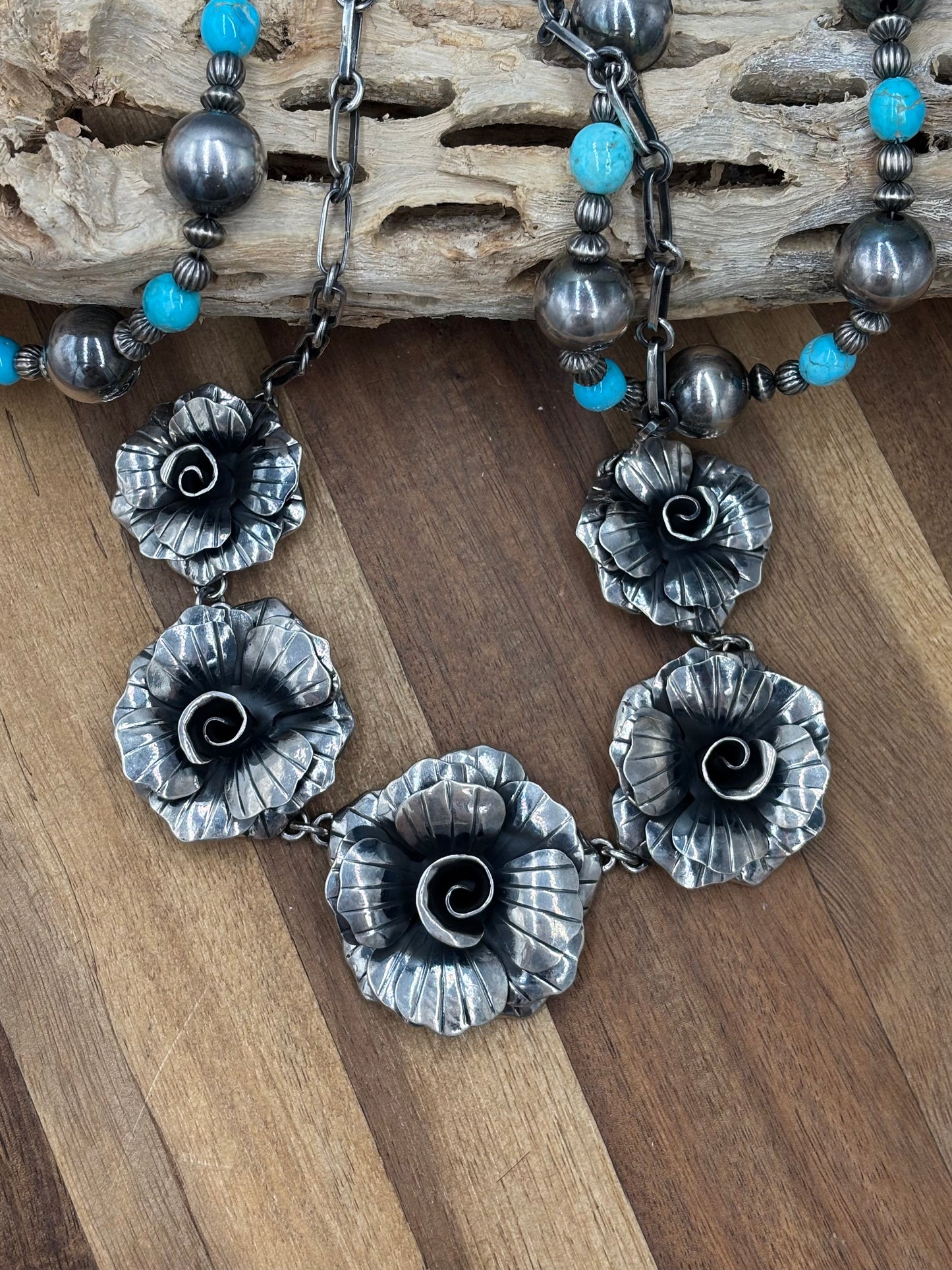 20" Silver Roses #814-5 Necklace by Federico Jiminez, Mexican Indegenous