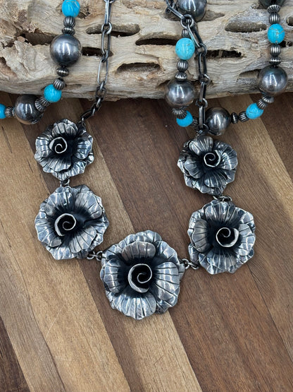 20" Silver Roses #814-5 Necklace by Federico Jiminez, Mexican Indegenous