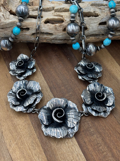20" Silver Roses #814-5 Necklace by Federico Jiminez, Mexican Indegenous