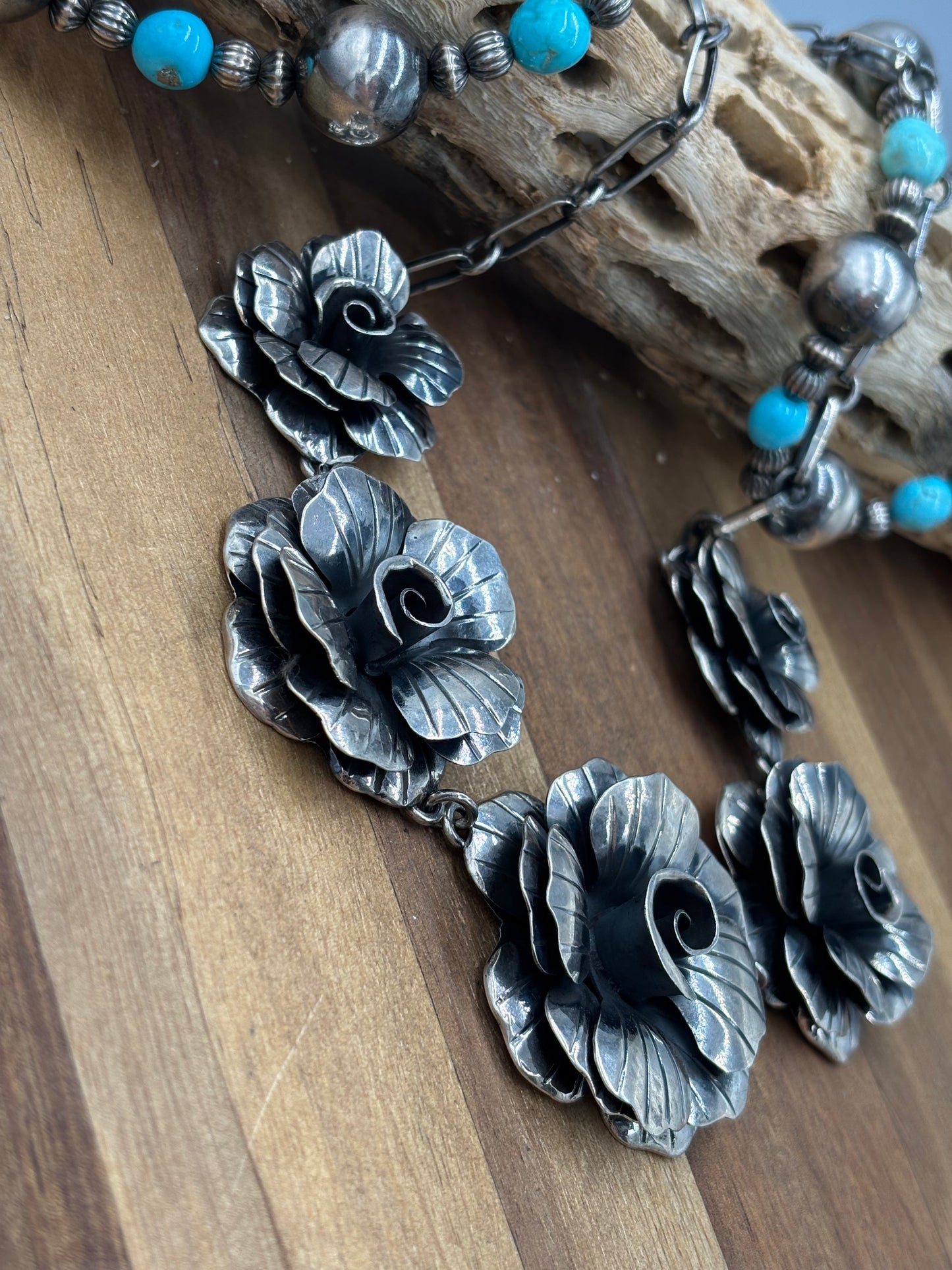 20" Silver Roses #814-5 Necklace by Federico Jiminez, Mexican Indegenous