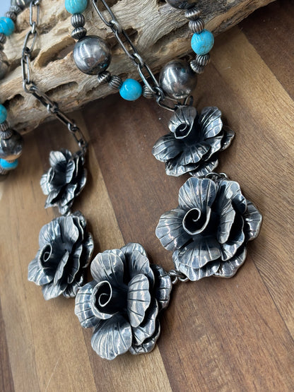 20" Silver Roses #814-5 Necklace by Federico Jiminez, Mexican Indegenous