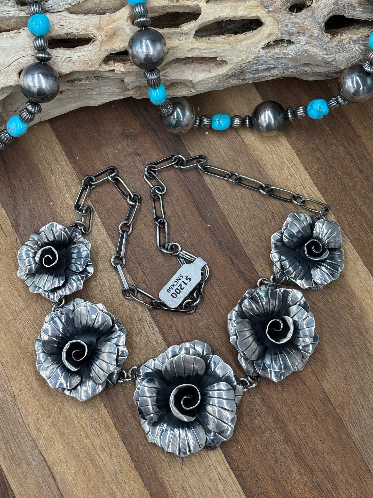 20" Silver Roses #814-5 Necklace by Federico Jiminez, Mexican Indegenous