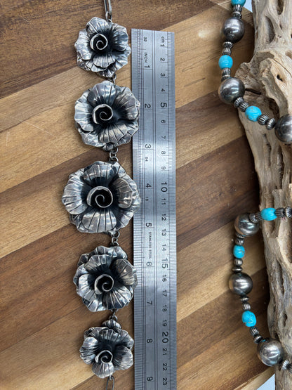 20" Silver Roses #814-5 Necklace by Federico Jiminez, Mexican Indegenous
