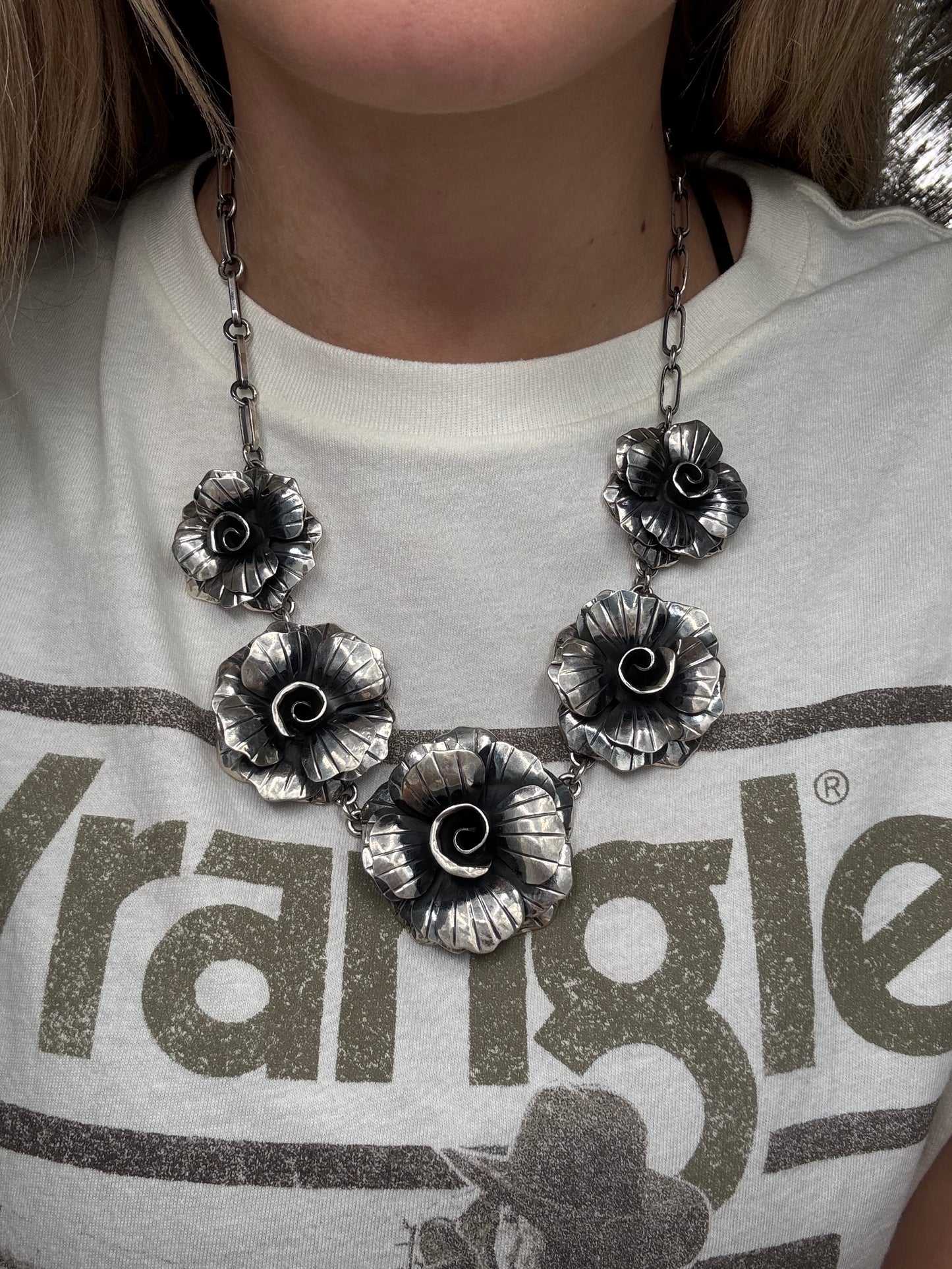20" Silver Roses #814-5 Necklace by Federico Jiminez, Mexican Indegenous