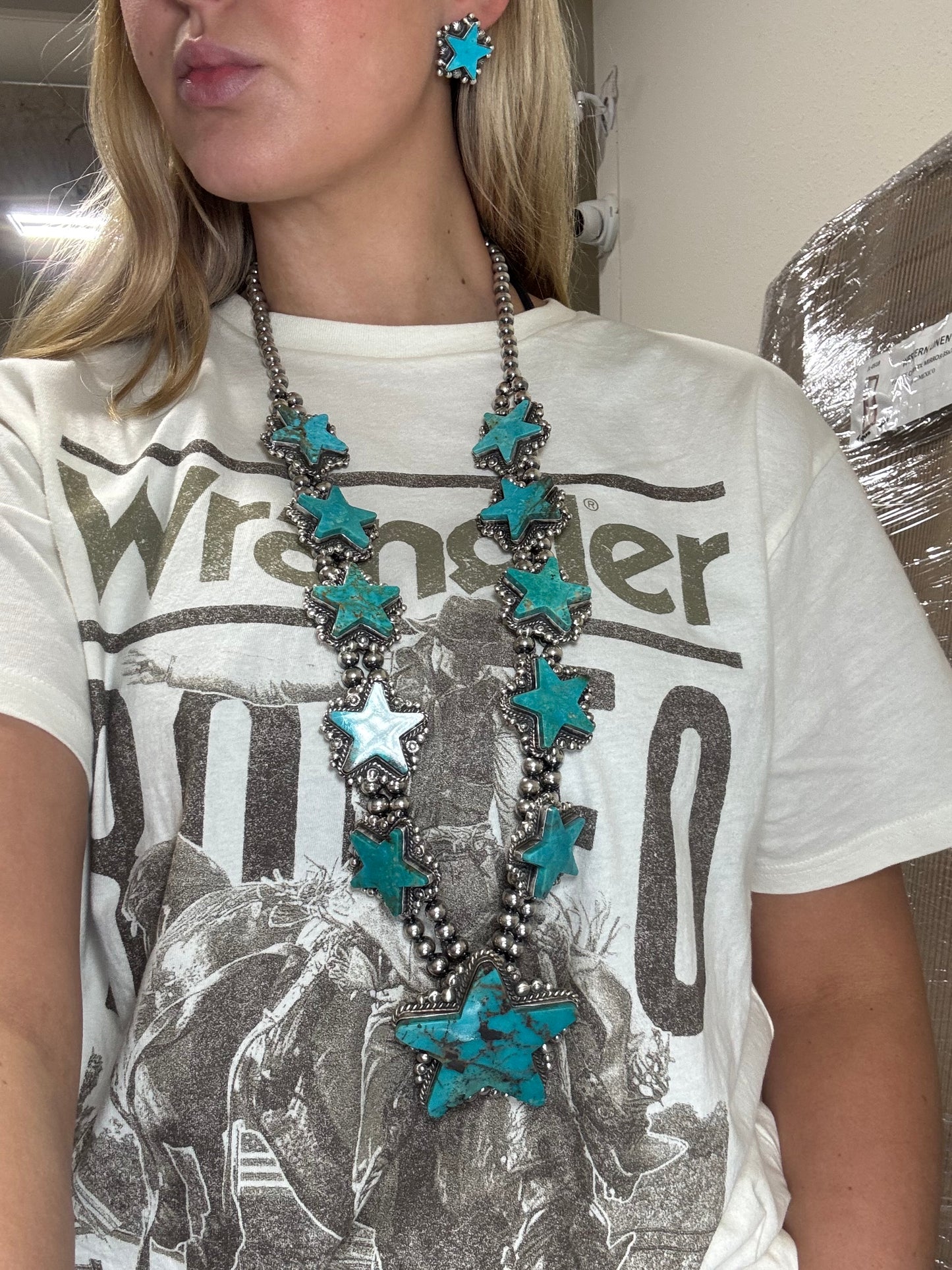 Kingman Turquoise Star Statement Necklace & Earring Set by Elouise Kee, Navajo