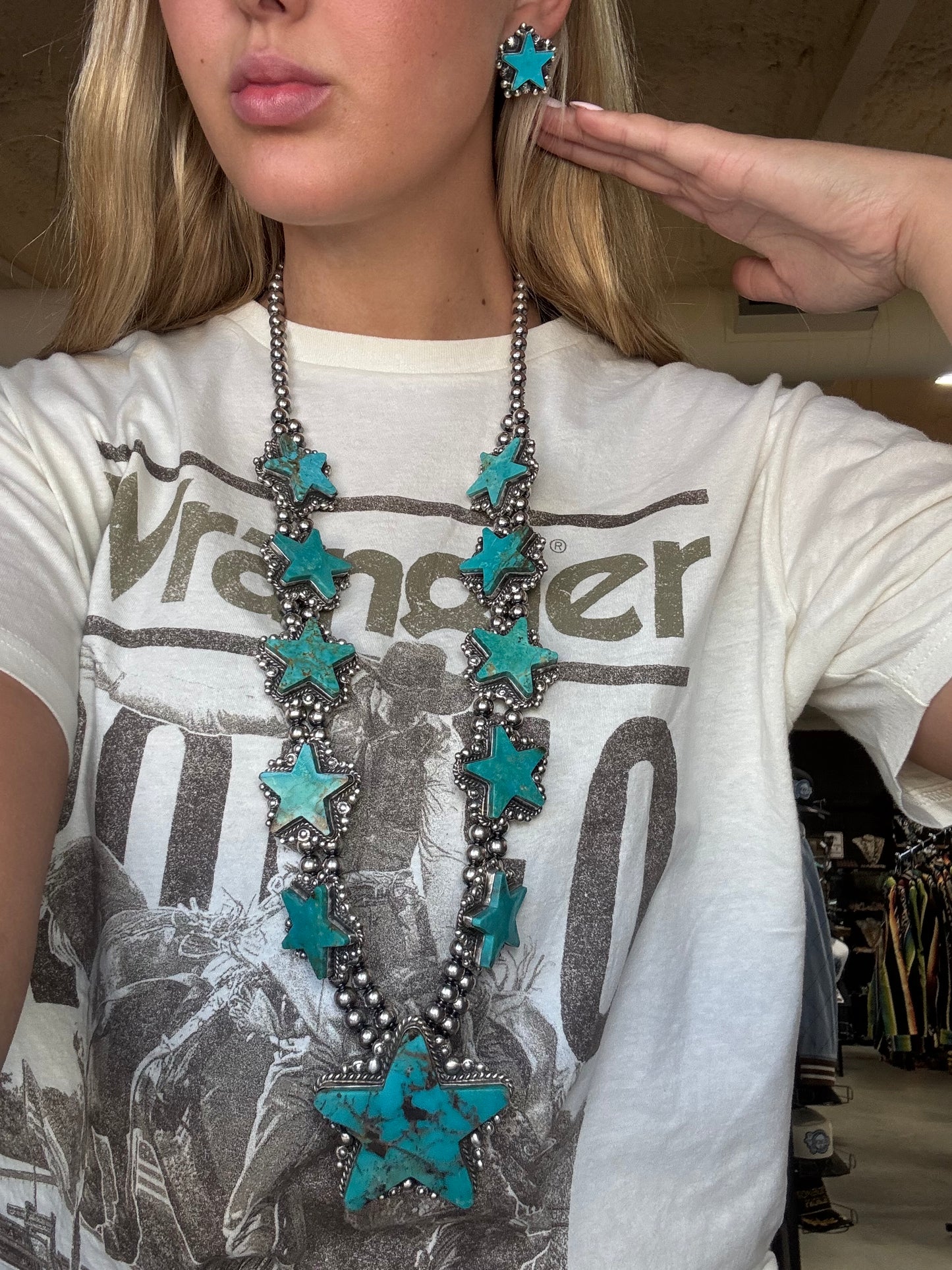 Kingman Turquoise Star Statement Necklace & Earring Set by Elouise Kee, Navajo