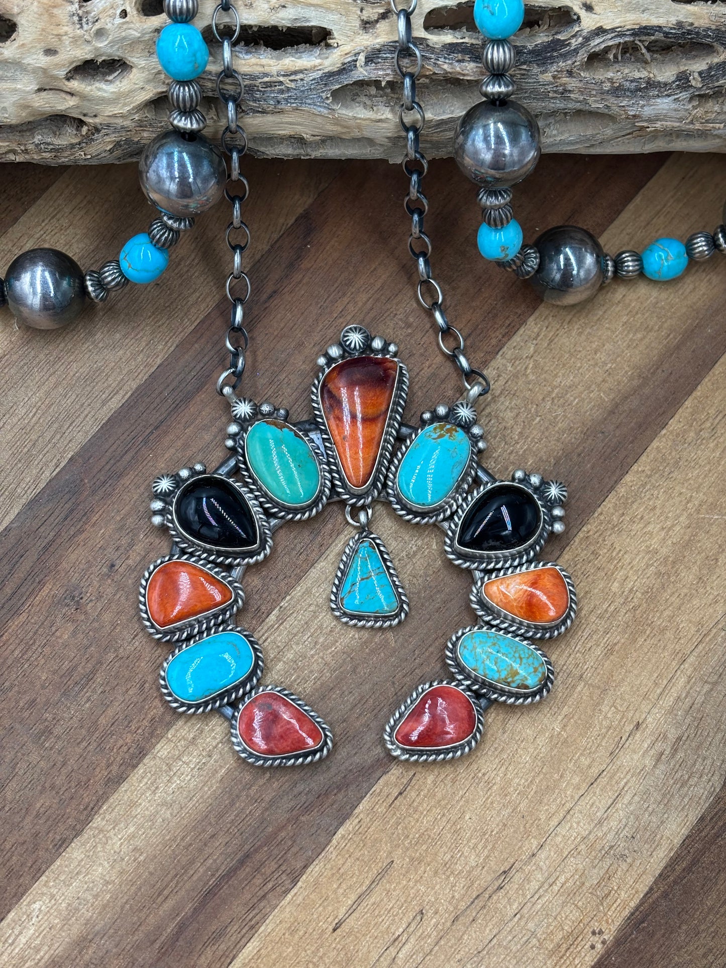 Mixed Stone #826-10 Necklace by Elouise Kee, Navajo Turquoise, Black Onyx, Red & Orange Spiny