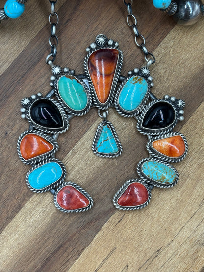 Mixed Stone #826-10 Necklace by Elouise Kee, Navajo Turquoise, Black Onyx, Red & Orange Spiny