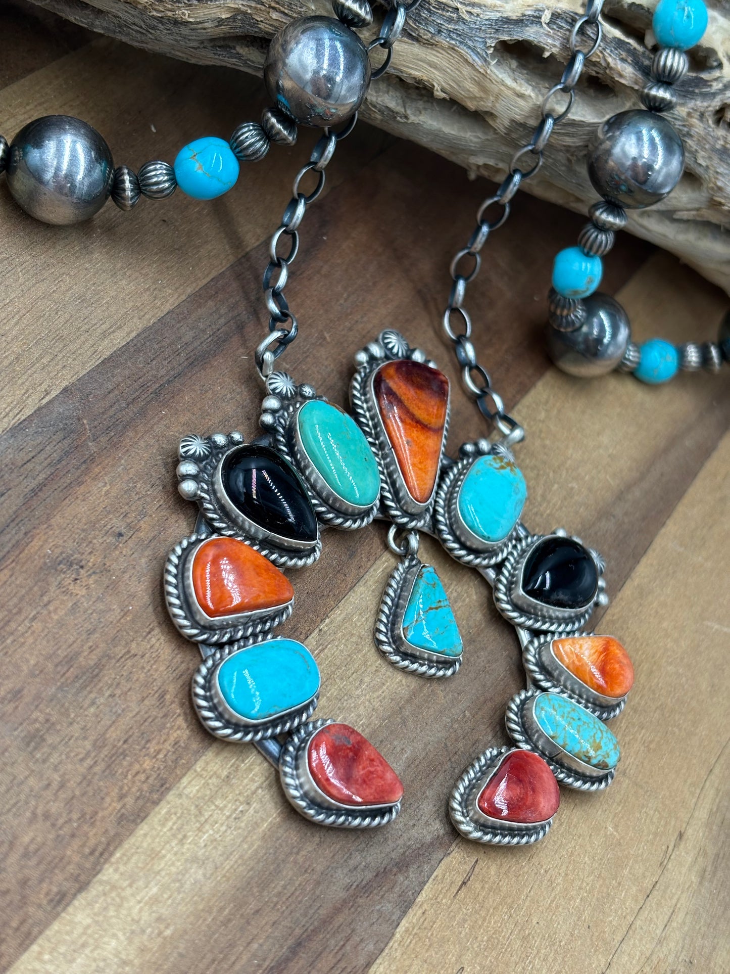 Mixed Stone #826-10 Necklace by Elouise Kee, Navajo Turquoise, Black Onyx, Red & Orange Spiny