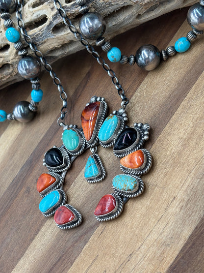 Mixed Stone #826-10 Necklace by Elouise Kee, Navajo Turquoise, Black Onyx, Red & Orange Spiny
