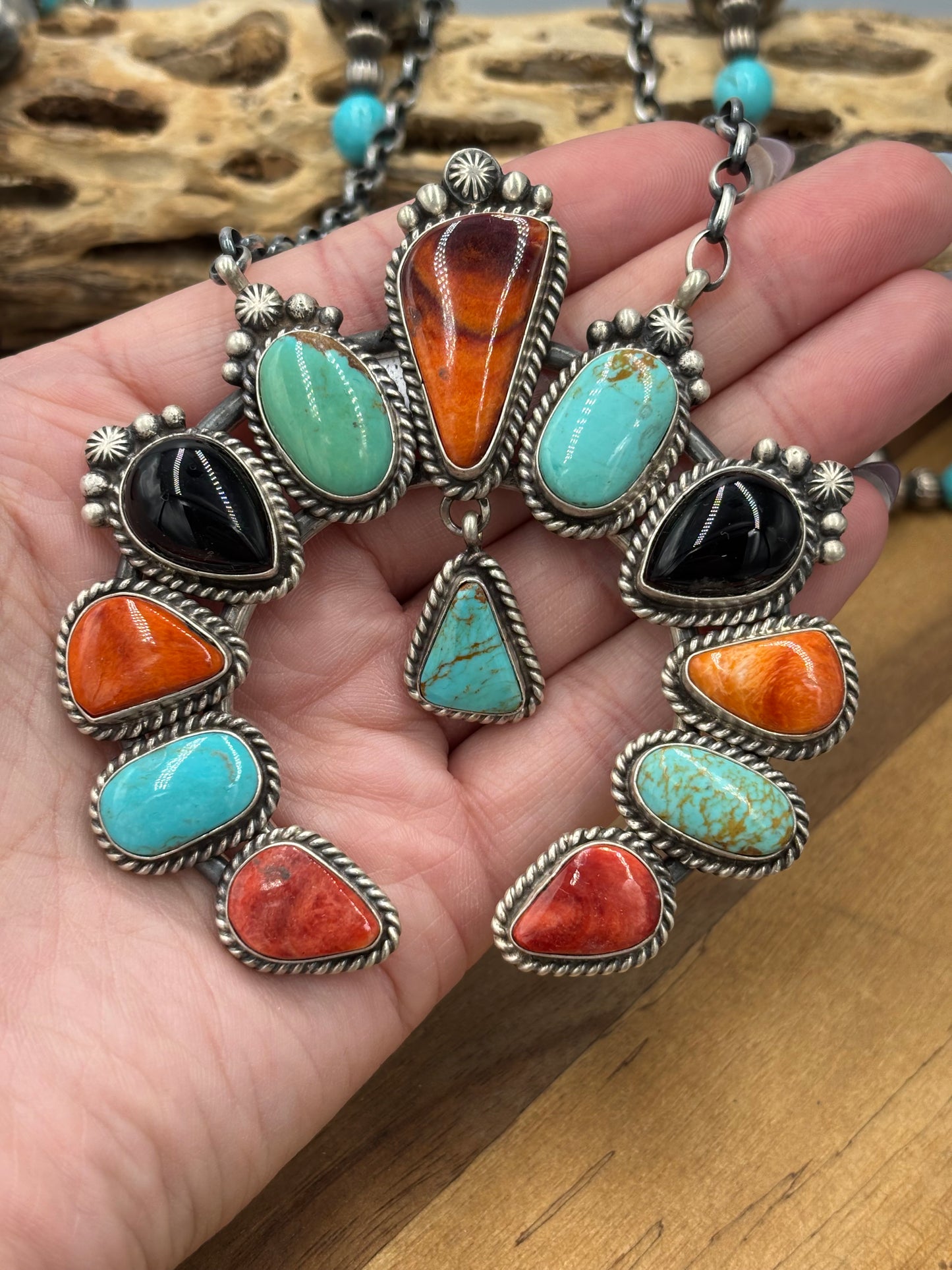 Mixed Stone #826-10 Necklace by Elouise Kee, Navajo Turquoise, Black Onyx, Red & Orange Spiny