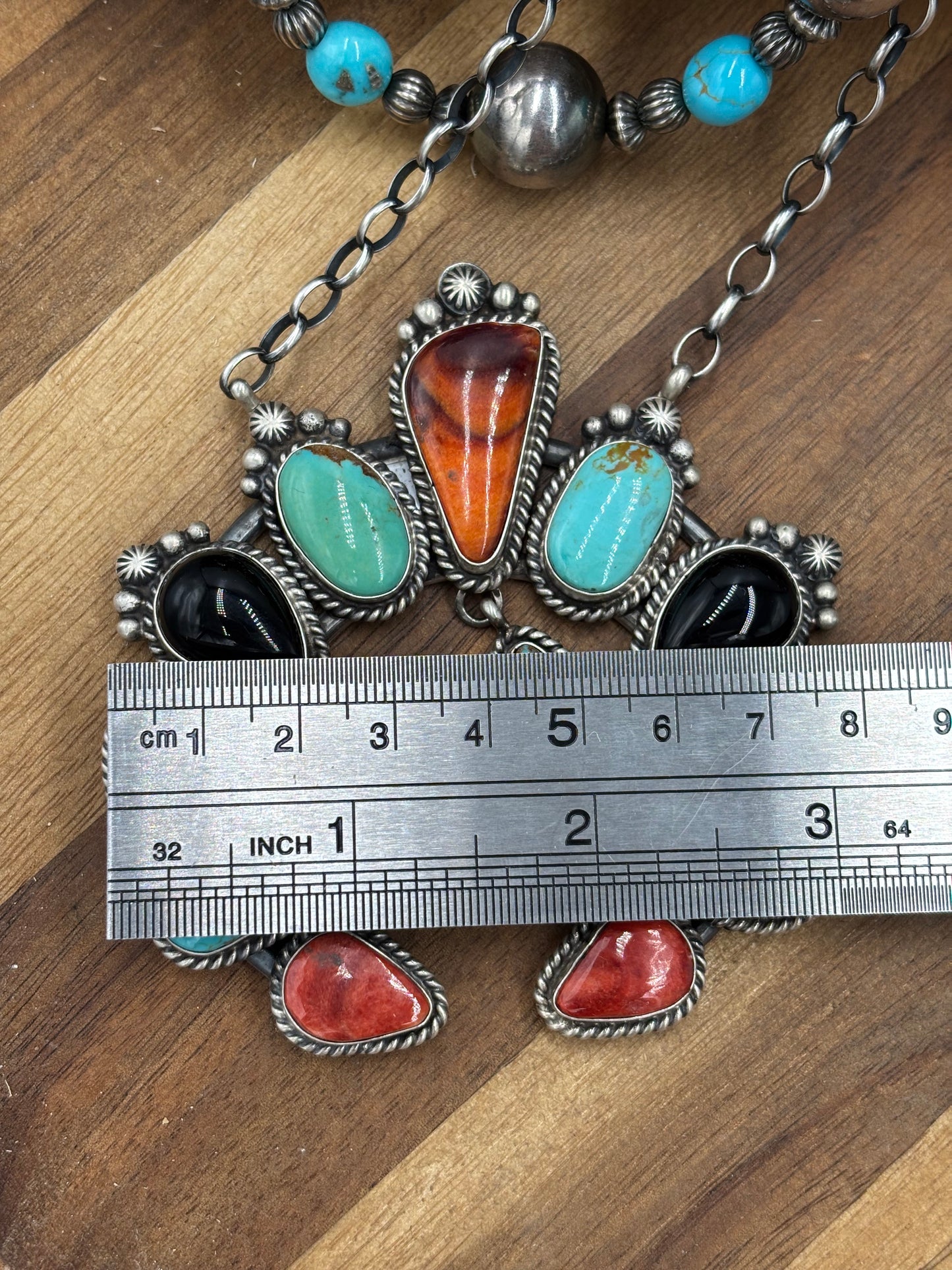 Mixed Stone #826-10 Necklace by Elouise Kee, Navajo Turquoise, Black Onyx, Red & Orange Spiny