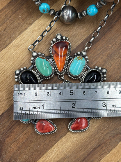 Mixed Stone #826-10 Necklace by Elouise Kee, Navajo Turquoise, Black Onyx, Red & Orange Spiny