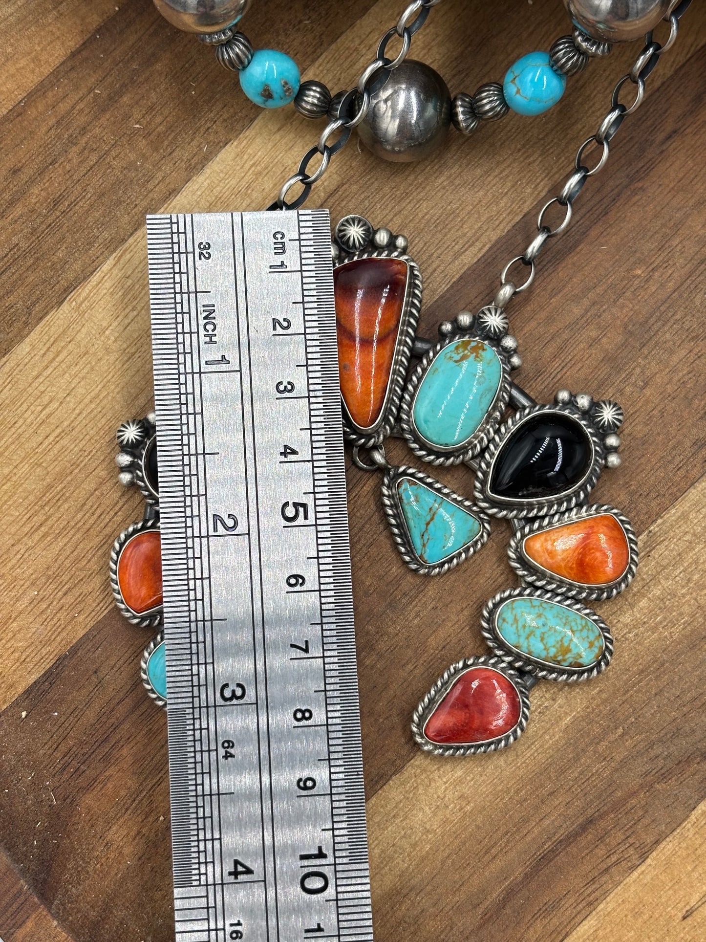 Mixed Stone #826-10 Necklace by Elouise Kee, Navajo Turquoise, Black Onyx, Red & Orange Spiny