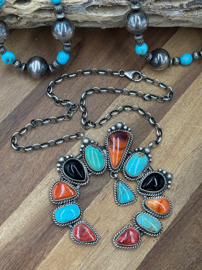 Mixed Stone #826-10 Necklace by Elouise Kee, Navajo Turquoise, Black Onyx, Red & Orange Spiny
