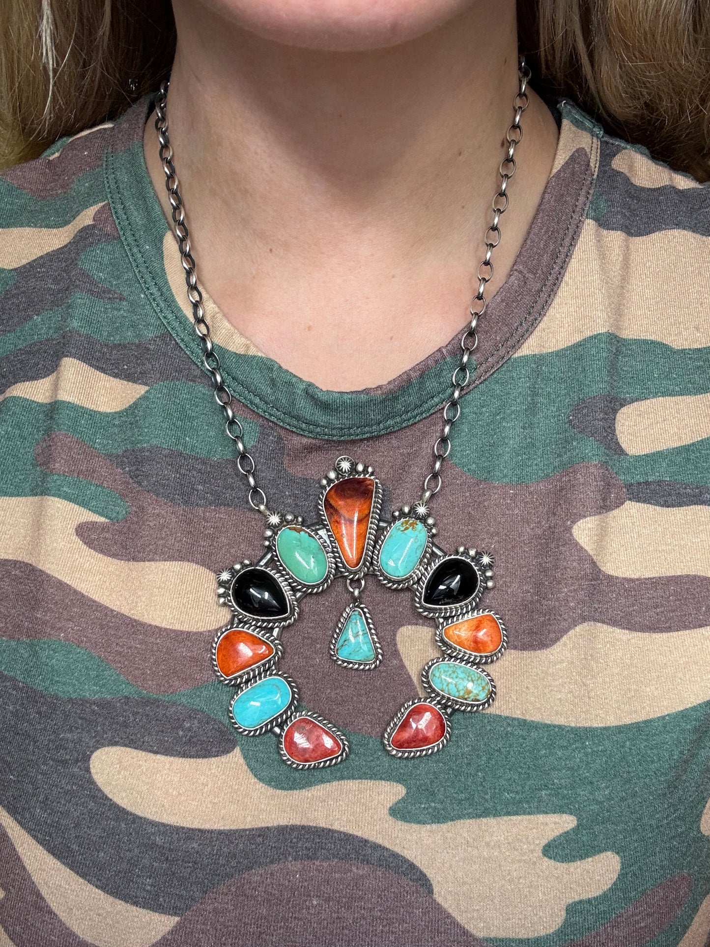 Mixed Stone #826-10 Necklace by Elouise Kee, Navajo Turquoise, Black Onyx, Red & Orange Spiny
