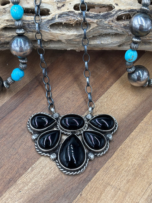 Black Onyx #826-14 Half Cluster Necklace by Augustine Largo, Navajo