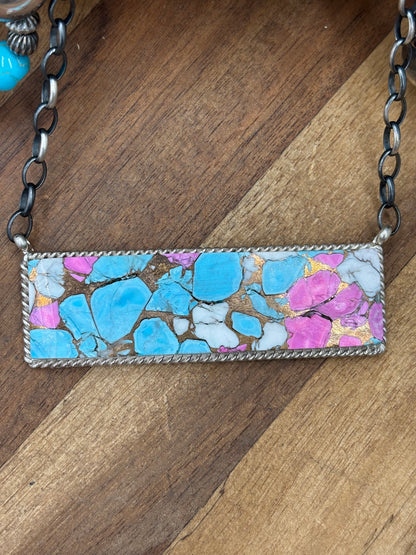 Cotton Candy #826-17 XL Bar Necklace by Brandon Etcitty, Navajo