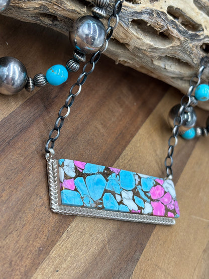 Cotton Candy #826-17 XL Bar Necklace by Brandon Etcitty, Navajo