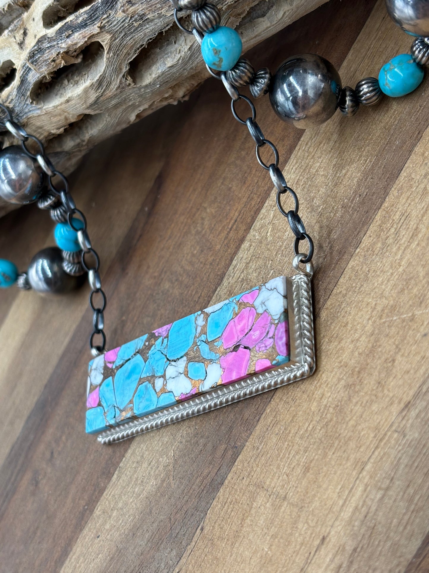 Cotton Candy #826-17 XL Bar Necklace by Brandon Etcitty, Navajo