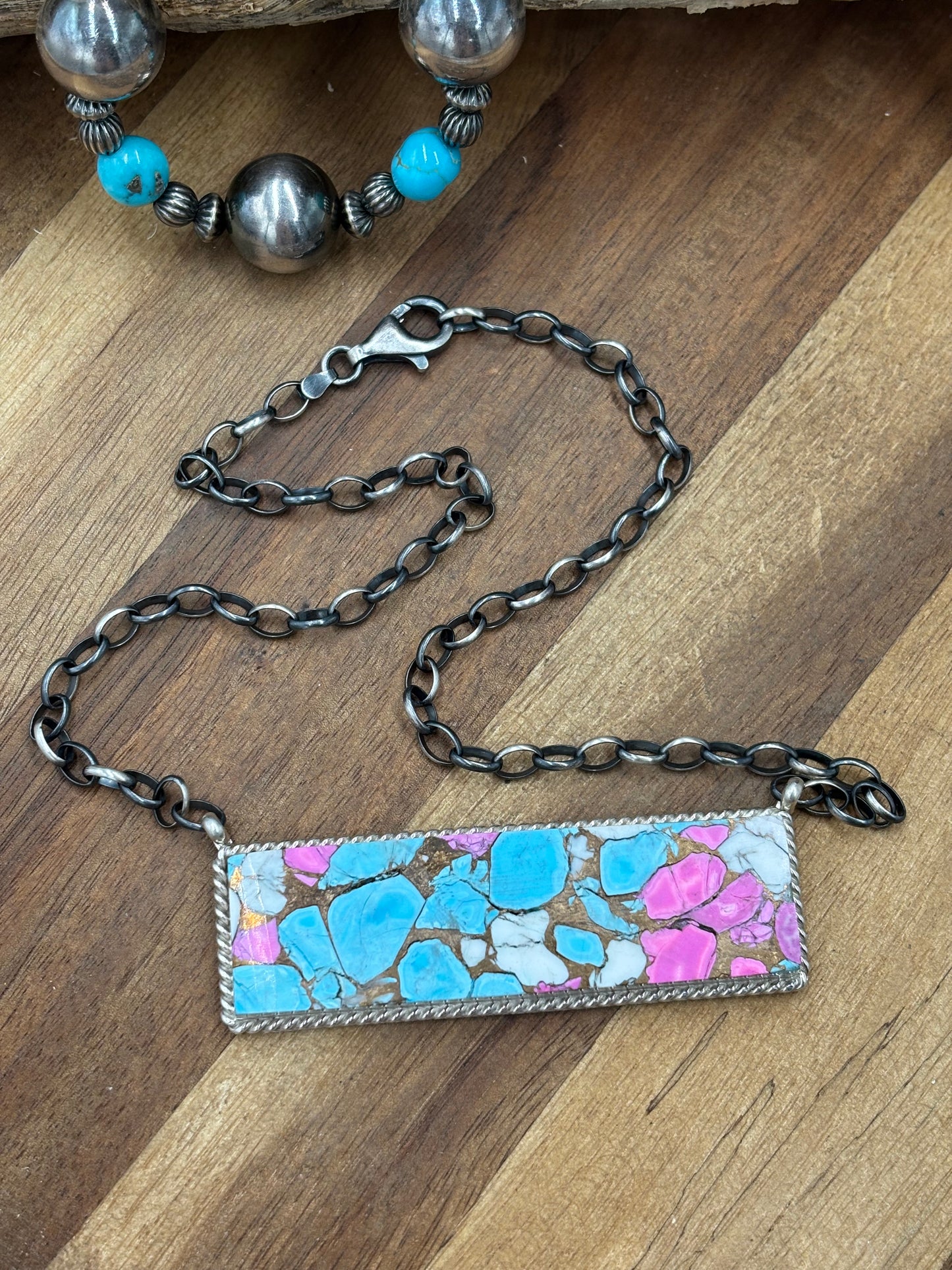 Cotton Candy #826-17 XL Bar Necklace by Brandon Etcitty, Navajo
