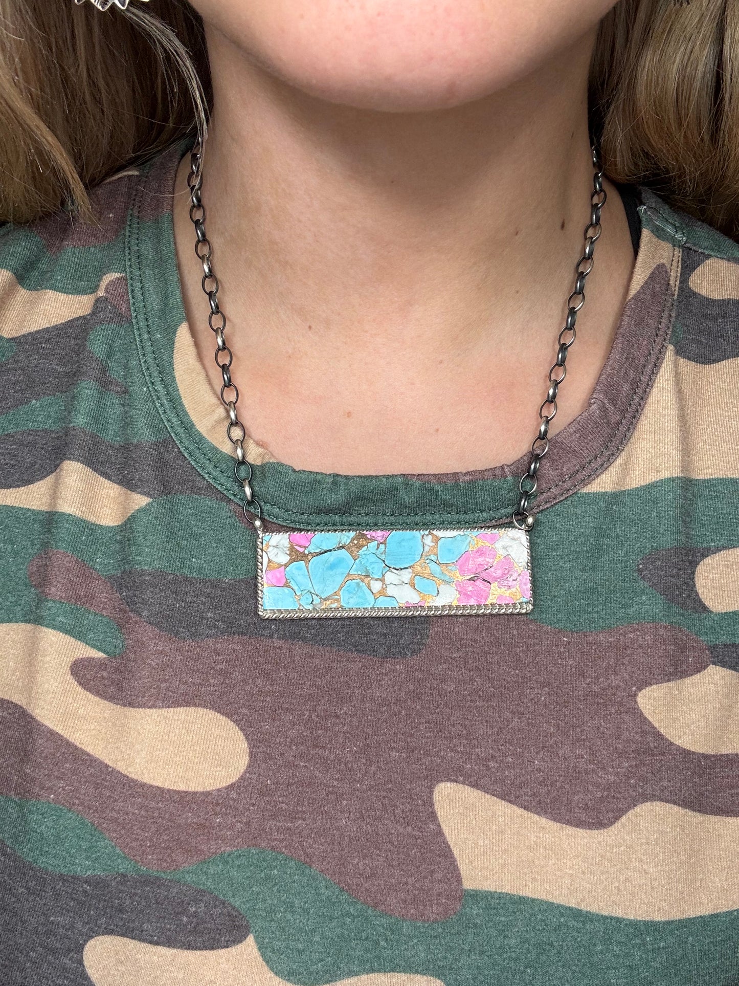 Cotton Candy #826-17 XL Bar Necklace by Brandon Etcitty, Navajo