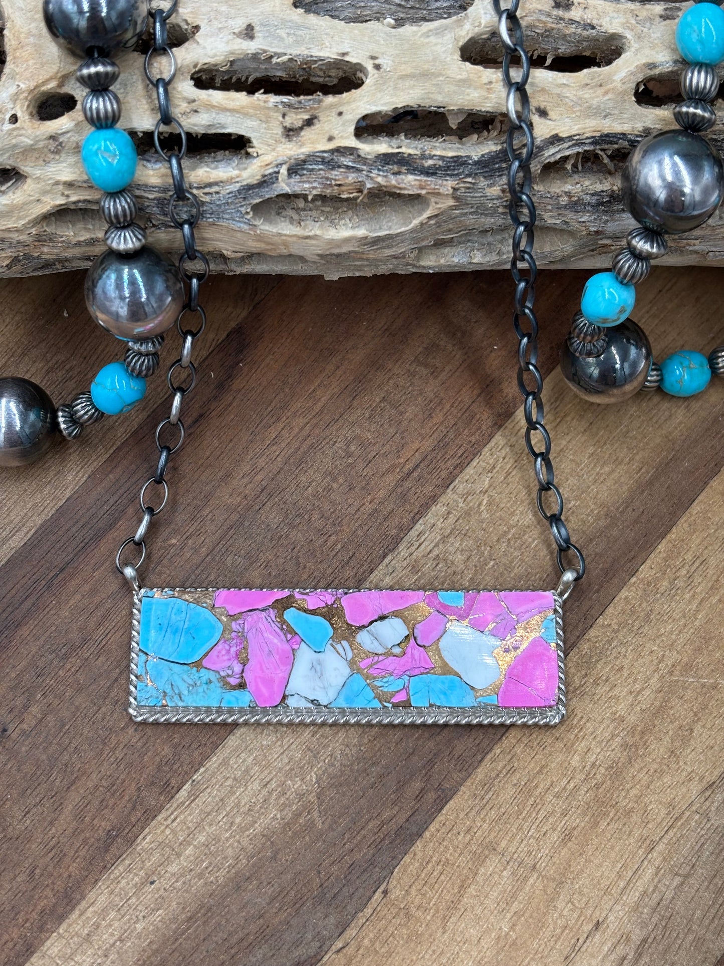 Cotton Candy #826-18 XL Bar Necklace by Brandon Etcitty, Navajo