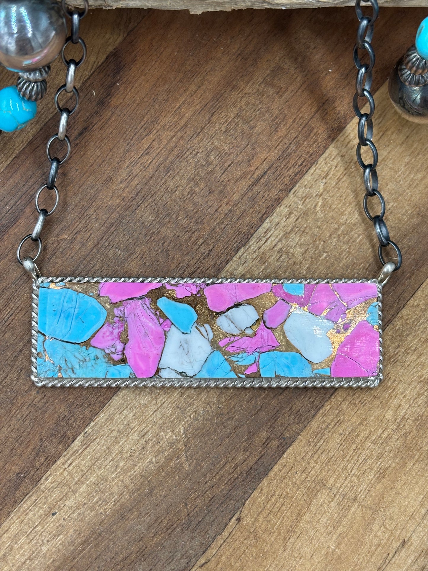 Cotton Candy #826-18 XL Bar Necklace by Brandon Etcitty, Navajo