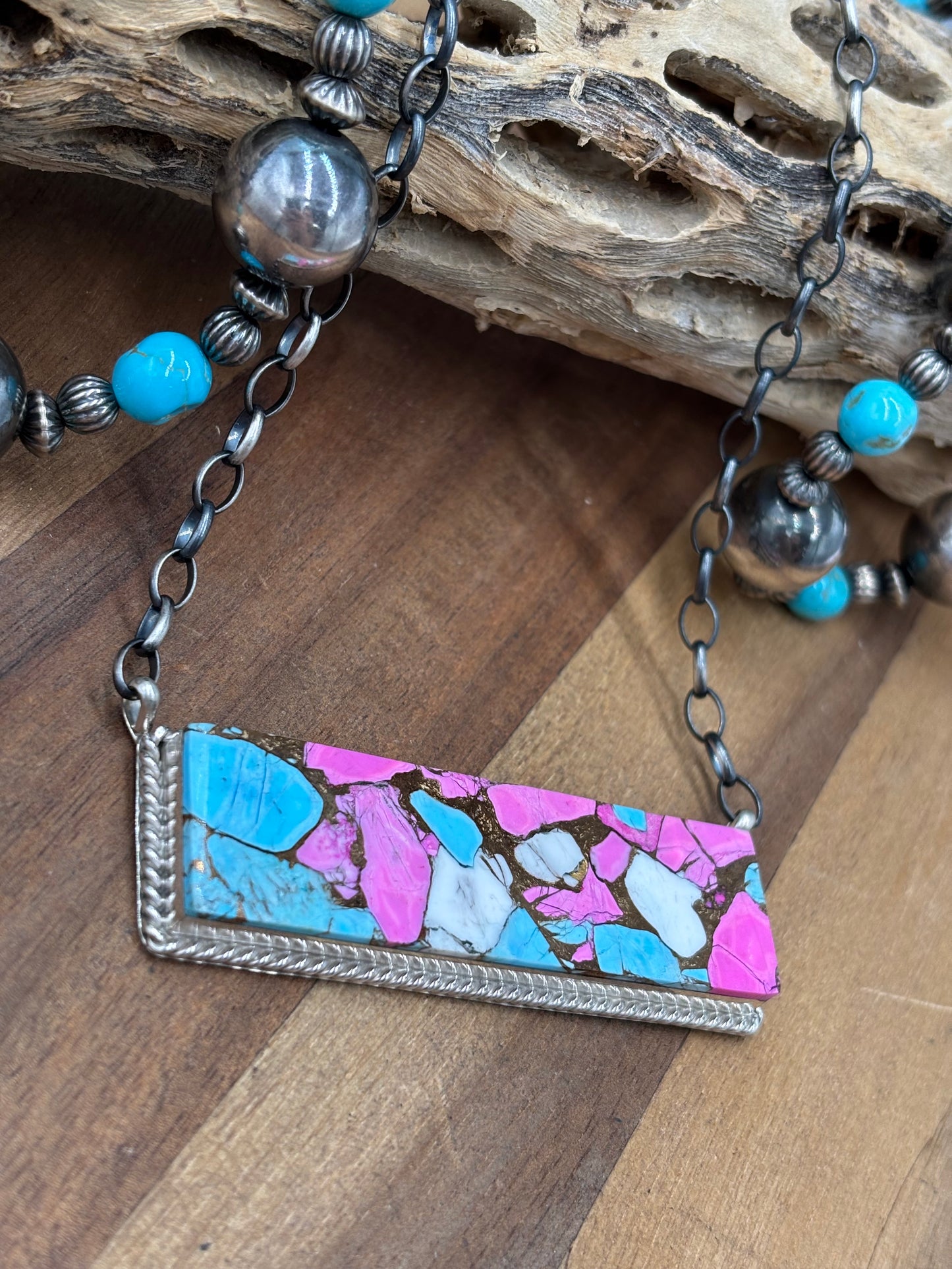 Cotton Candy #826-18 XL Bar Necklace by Brandon Etcitty, Navajo