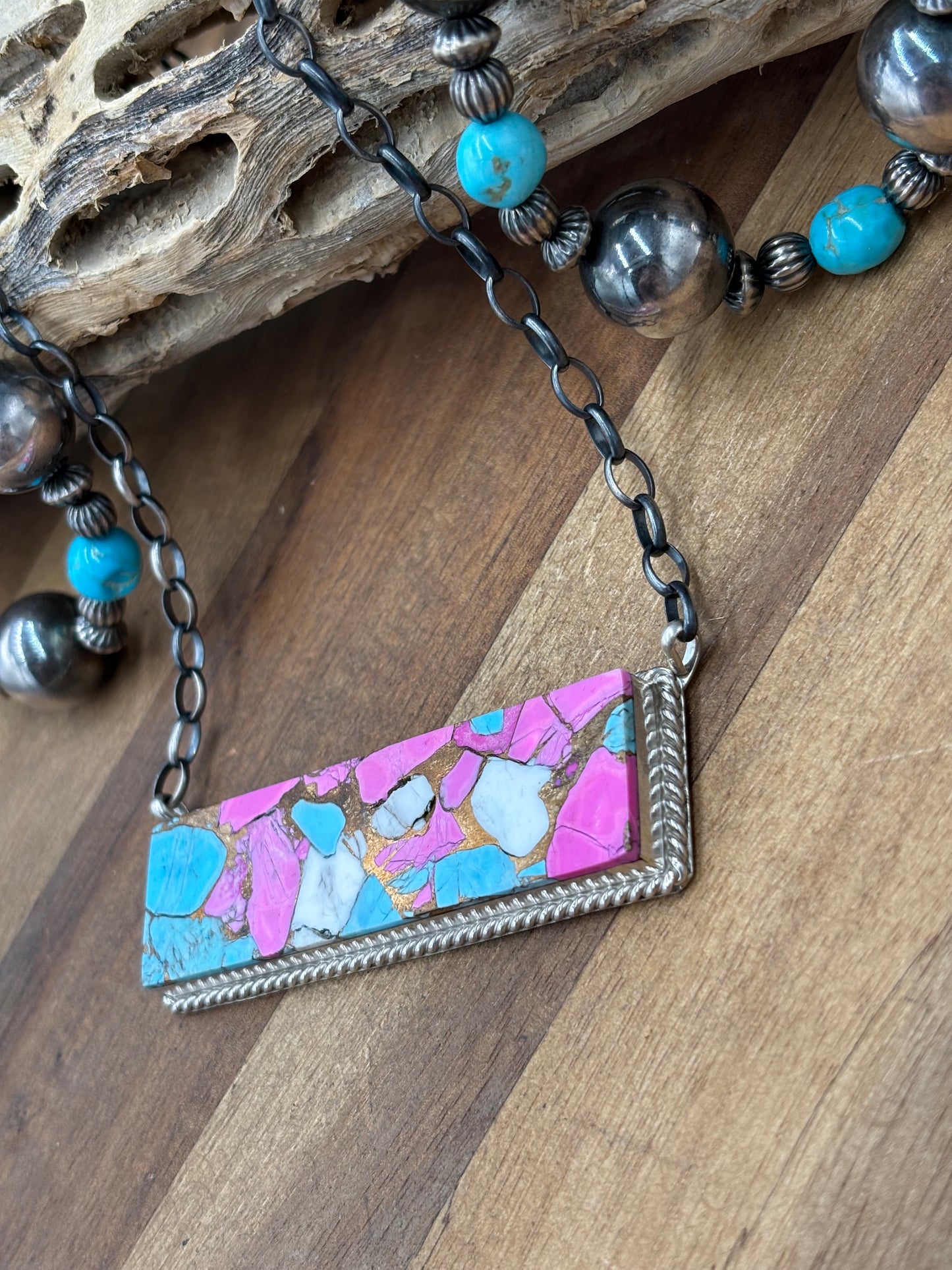 Cotton Candy #826-18 XL Bar Necklace by Brandon Etcitty, Navajo