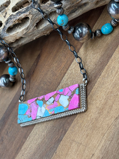 Cotton Candy #826-18 XL Bar Necklace by Brandon Etcitty, Navajo