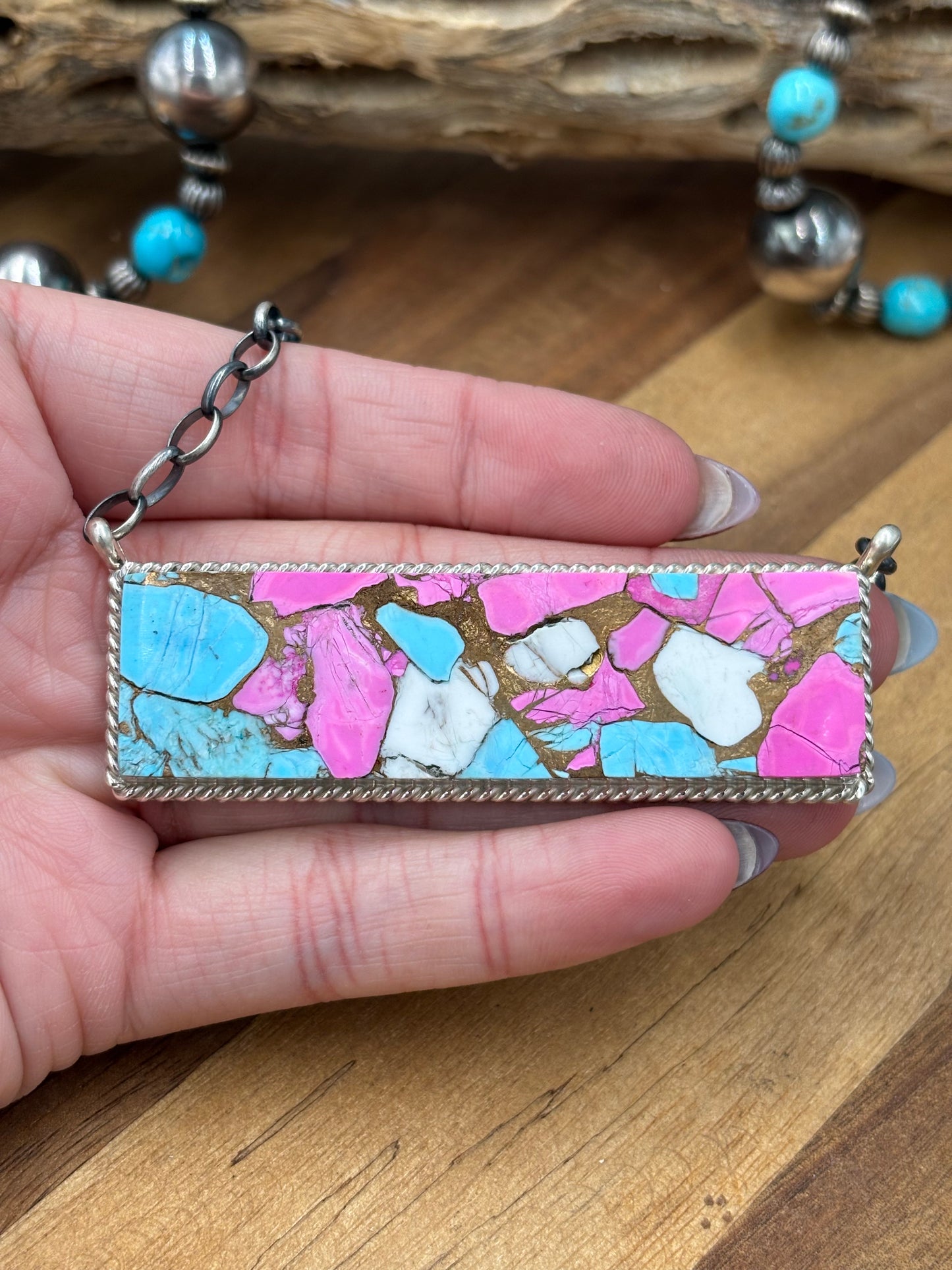 Cotton Candy #826-18 XL Bar Necklace by Brandon Etcitty, Navajo