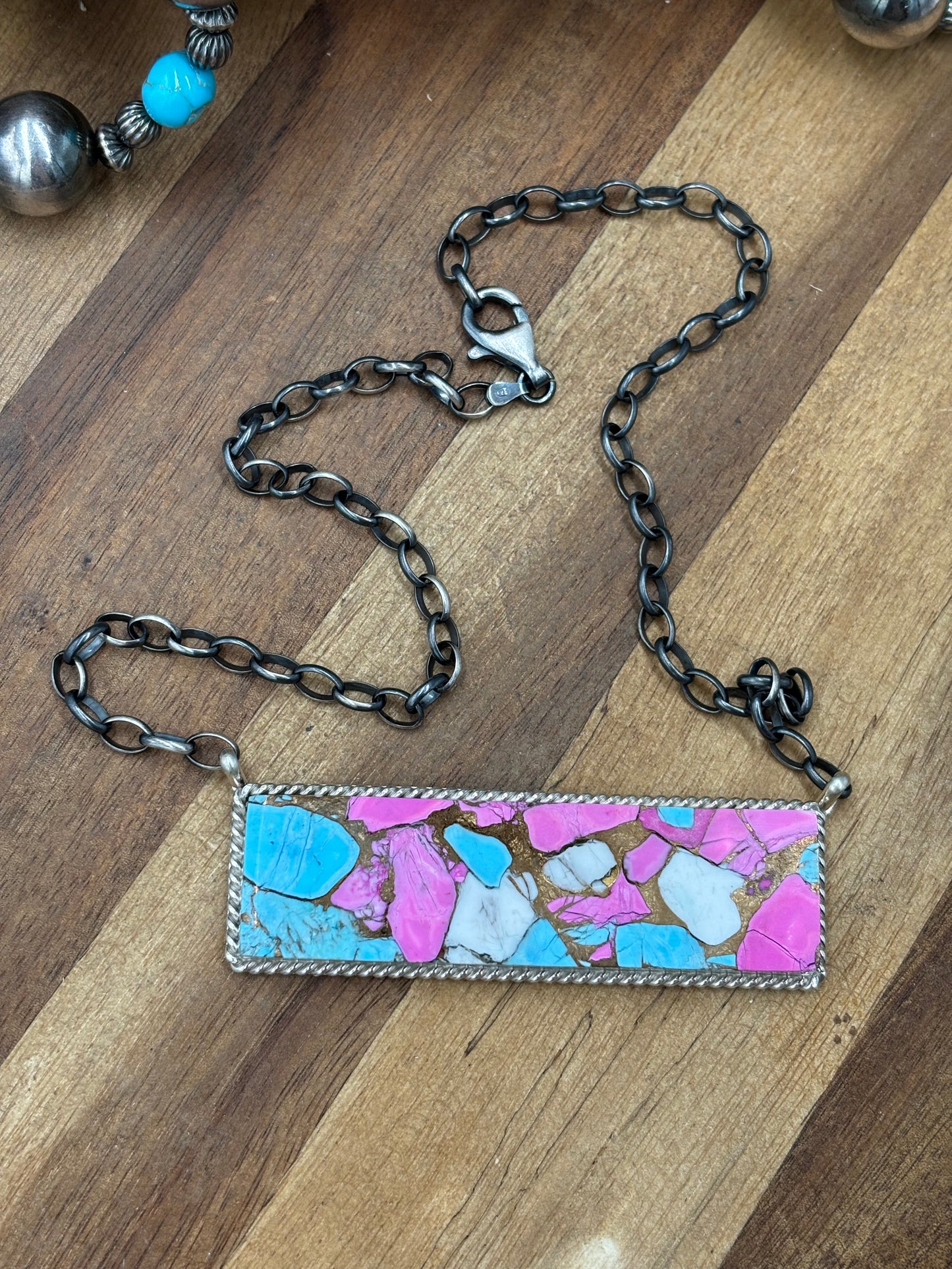 Cotton Candy #826-18 XL Bar Necklace by Brandon Etcitty, Navajo