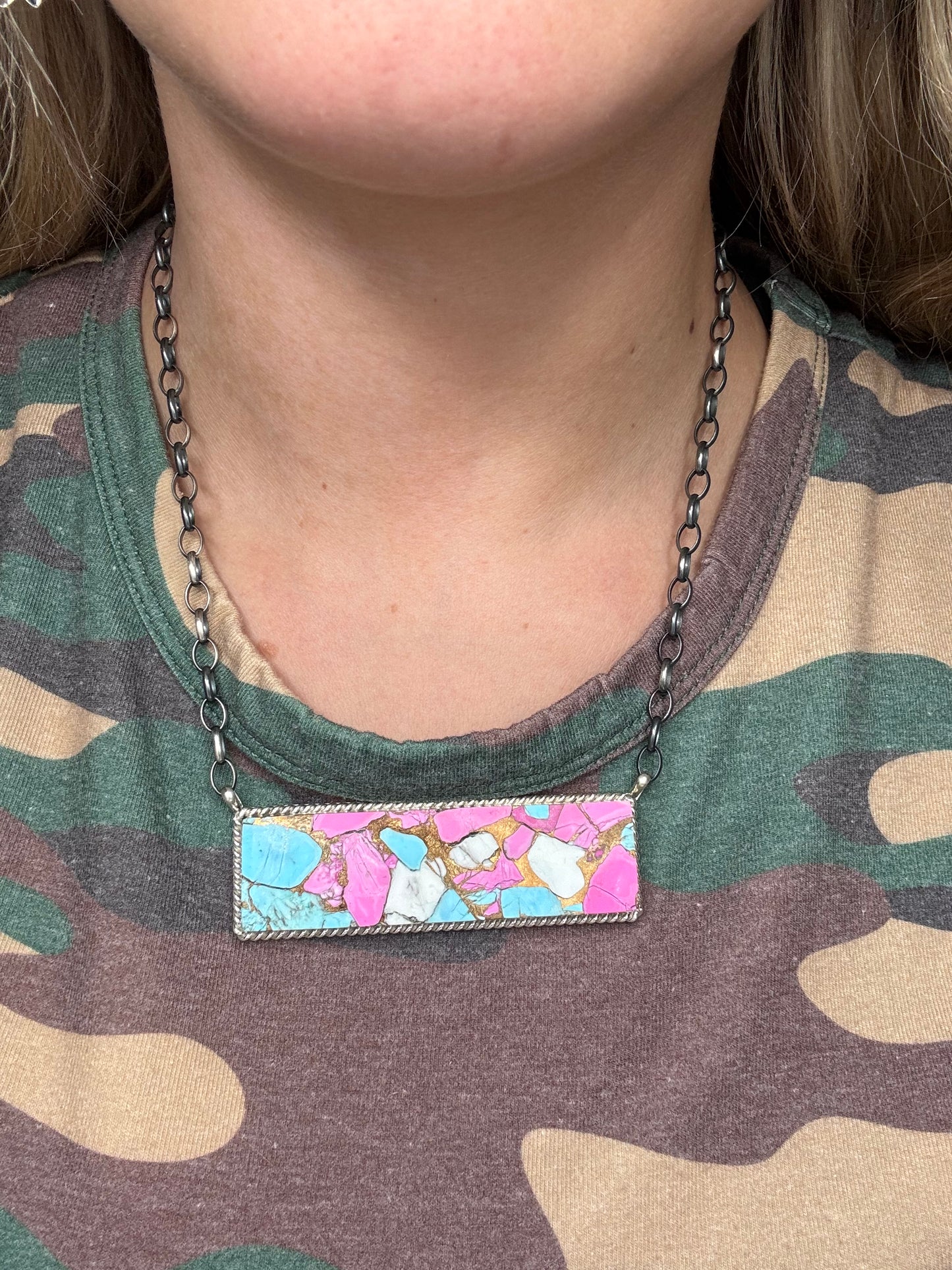 Cotton Candy #826-18 XL Bar Necklace by Brandon Etcitty, Navajo