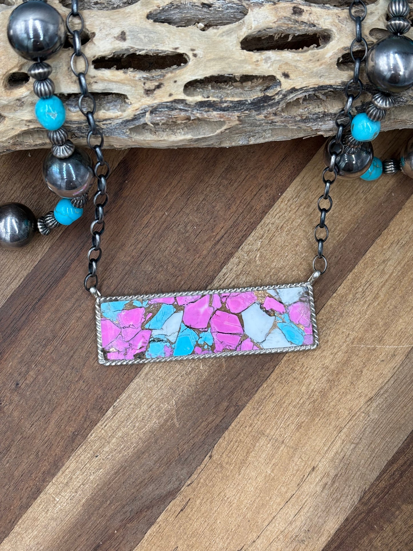 Cotton Candy #826-19 XL Bar Necklace by Brandon Etcitty, Navajo