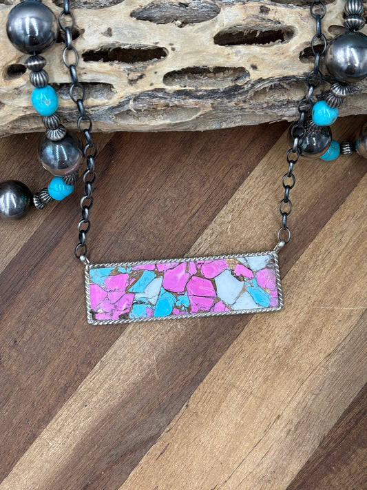 Cotton Candy #826-19 XL Bar Necklace by Brandon Etcitty, Navajo
