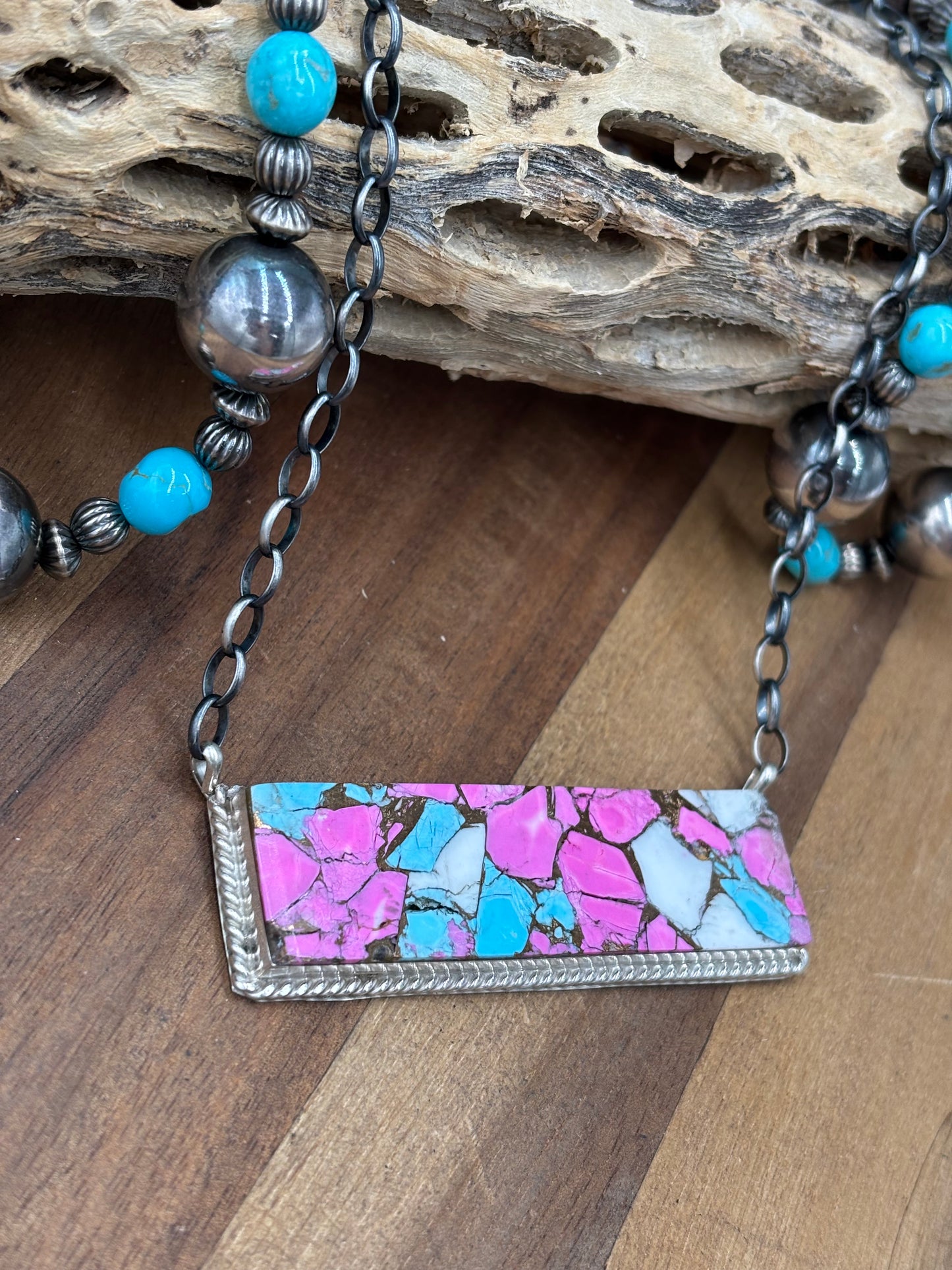 Cotton Candy #826-19 XL Bar Necklace by Brandon Etcitty, Navajo
