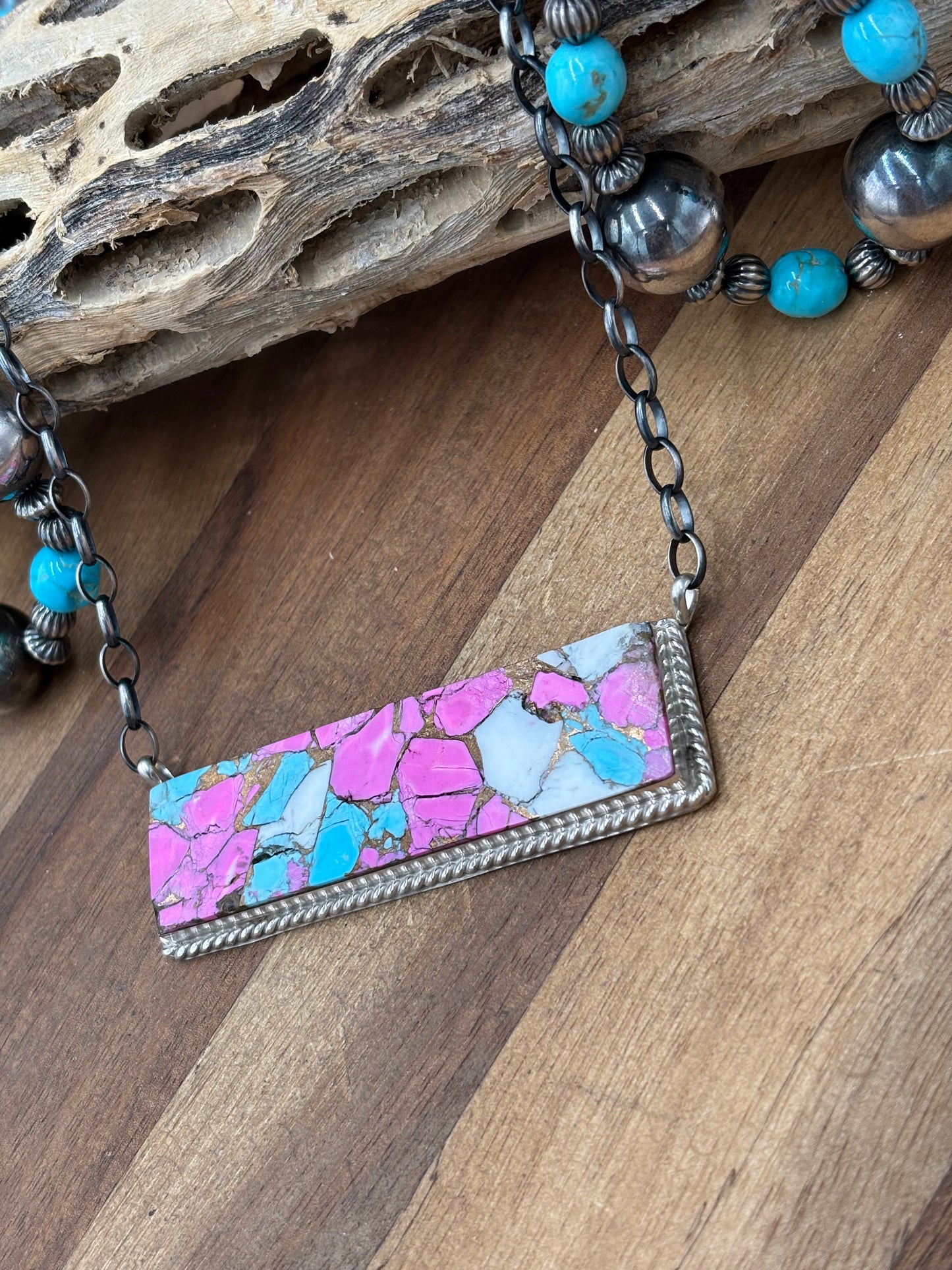 Cotton Candy #826-19 XL Bar Necklace by Brandon Etcitty, Navajo