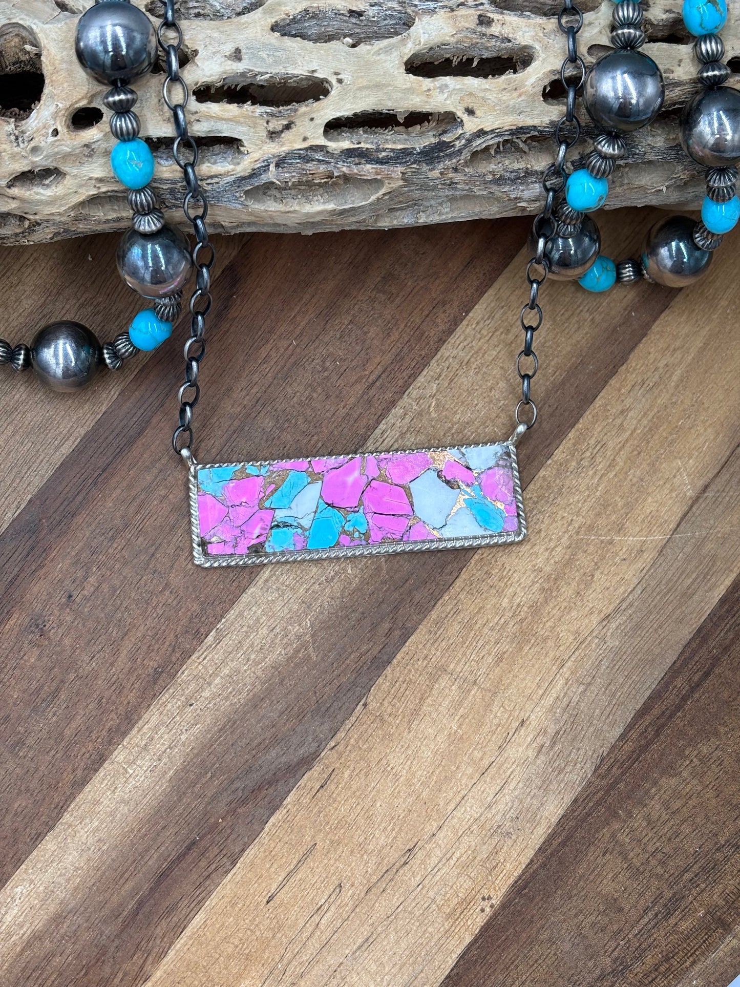 Cotton Candy #826-19 XL Bar Necklace by Brandon Etcitty, Navajo