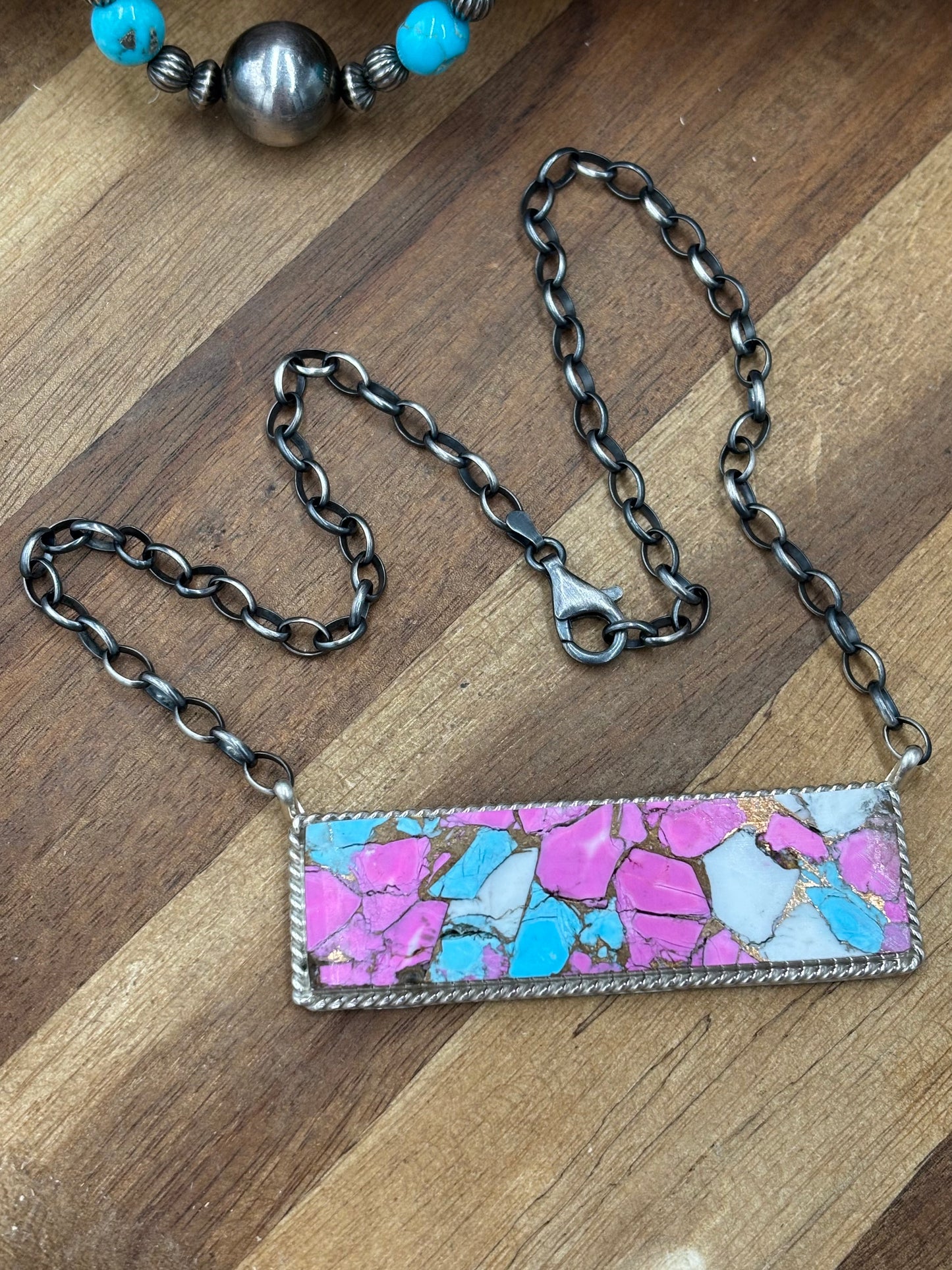 Cotton Candy #826-19 XL Bar Necklace by Brandon Etcitty, Navajo