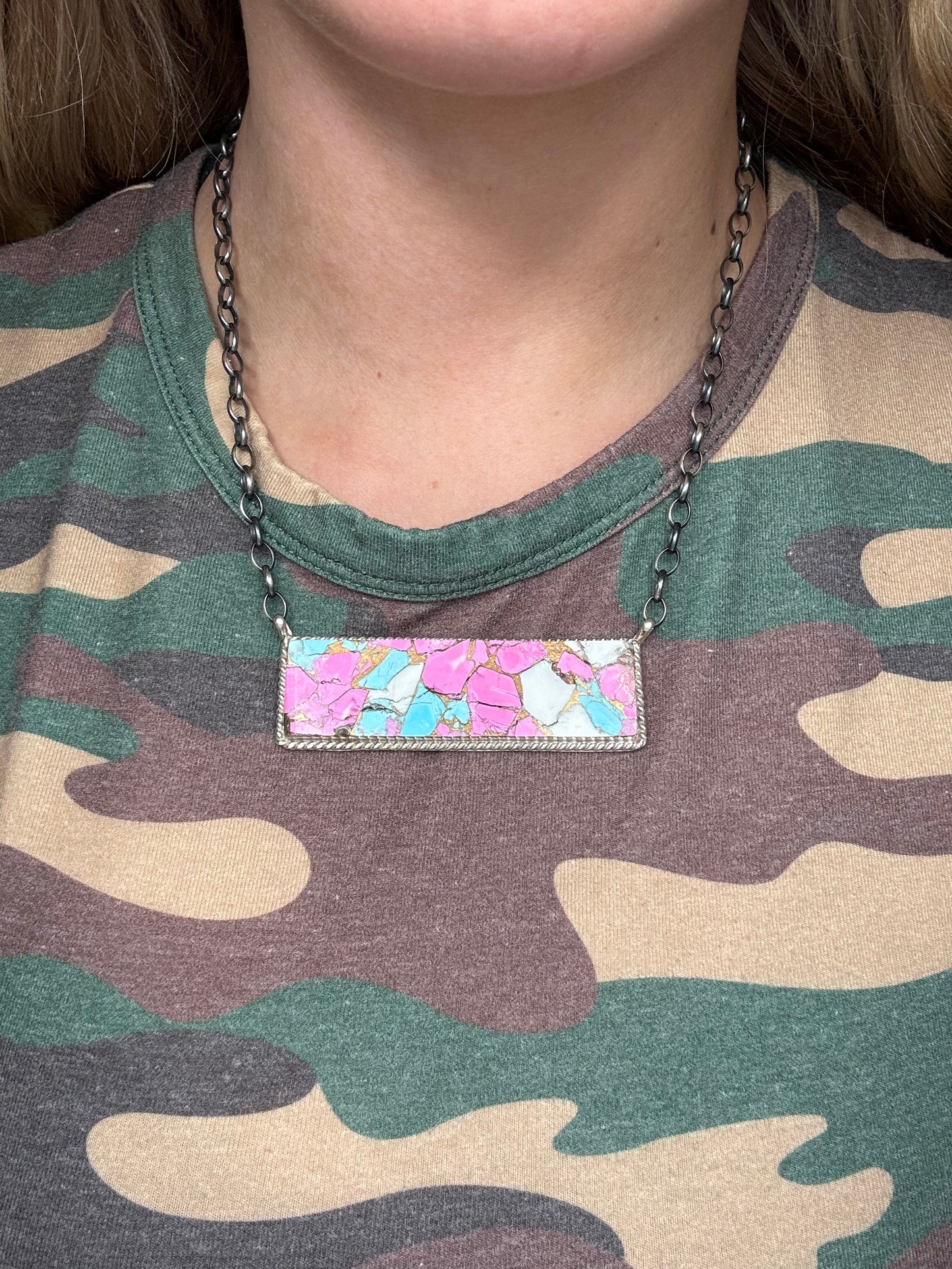 Cotton Candy #826-19 XL Bar Necklace by Brandon Etcitty, Navajo