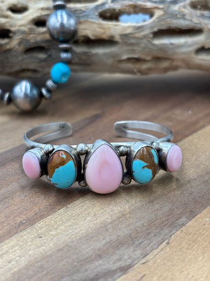 Pink Conch & Turquoise #92-3 Cuff by Augustine Largo, Navajo