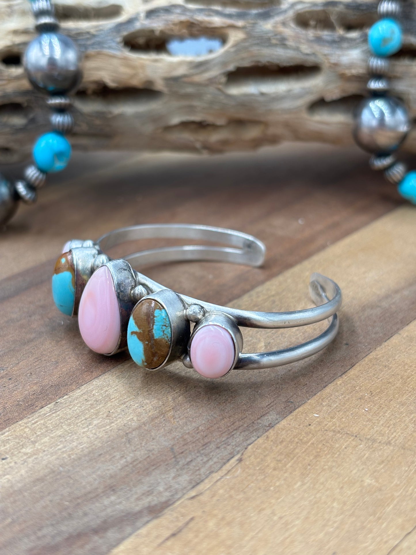 Pink Conch & Turquoise #92-3 Cuff by Augustine Largo, Navajo
