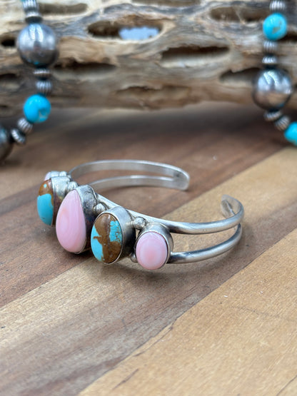 Pink Conch & Turquoise #92-3 Cuff by Augustine Largo, Navajo