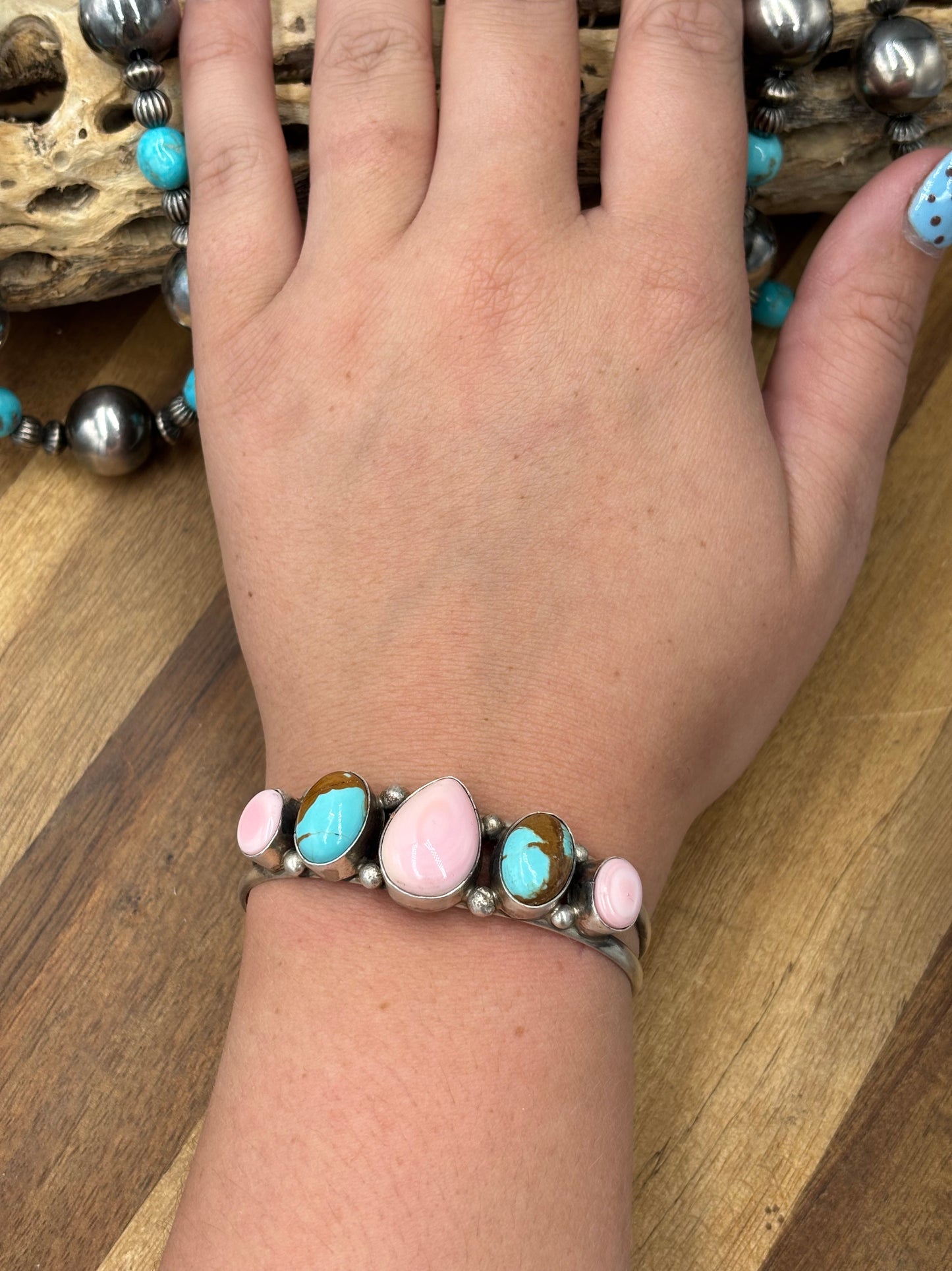 Pink Conch & Turquoise #92-3 Cuff by Augustine Largo, Navajo